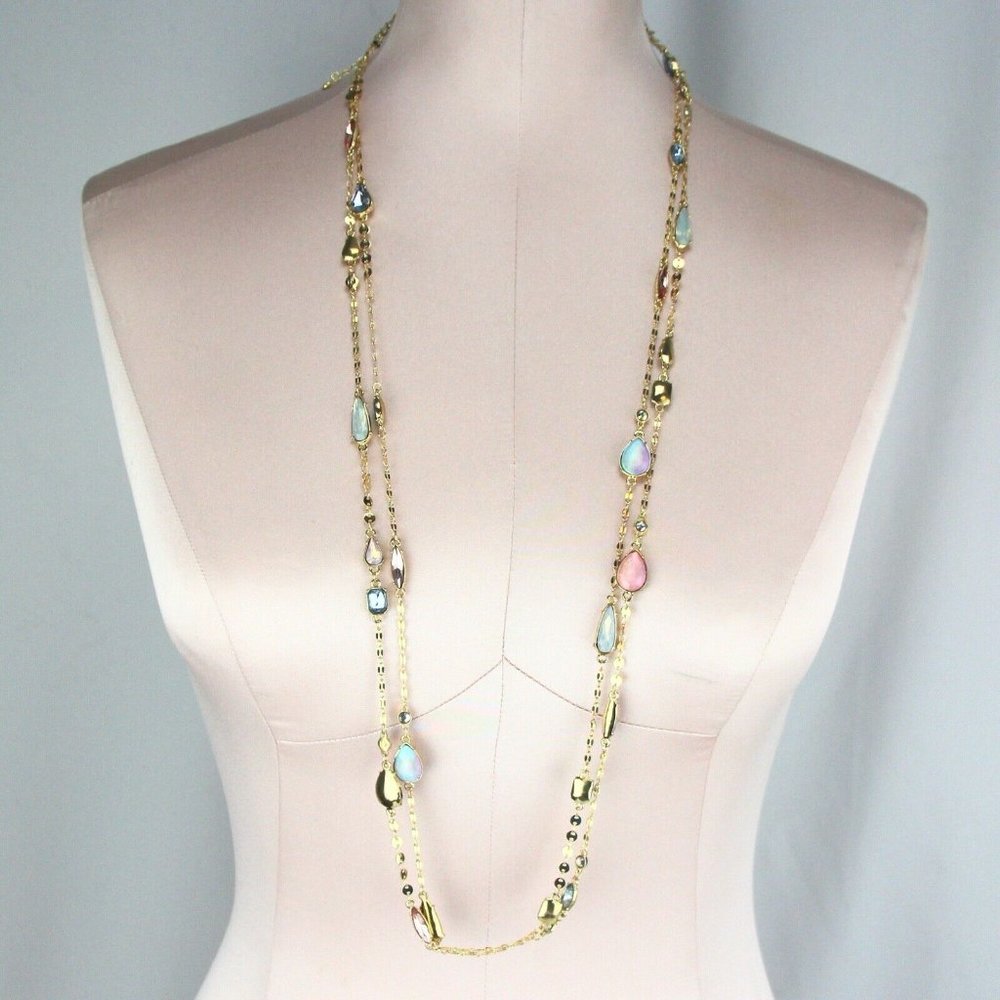 Kohl's Long Necklace Gold-tone Pink & Blue Rhinestones